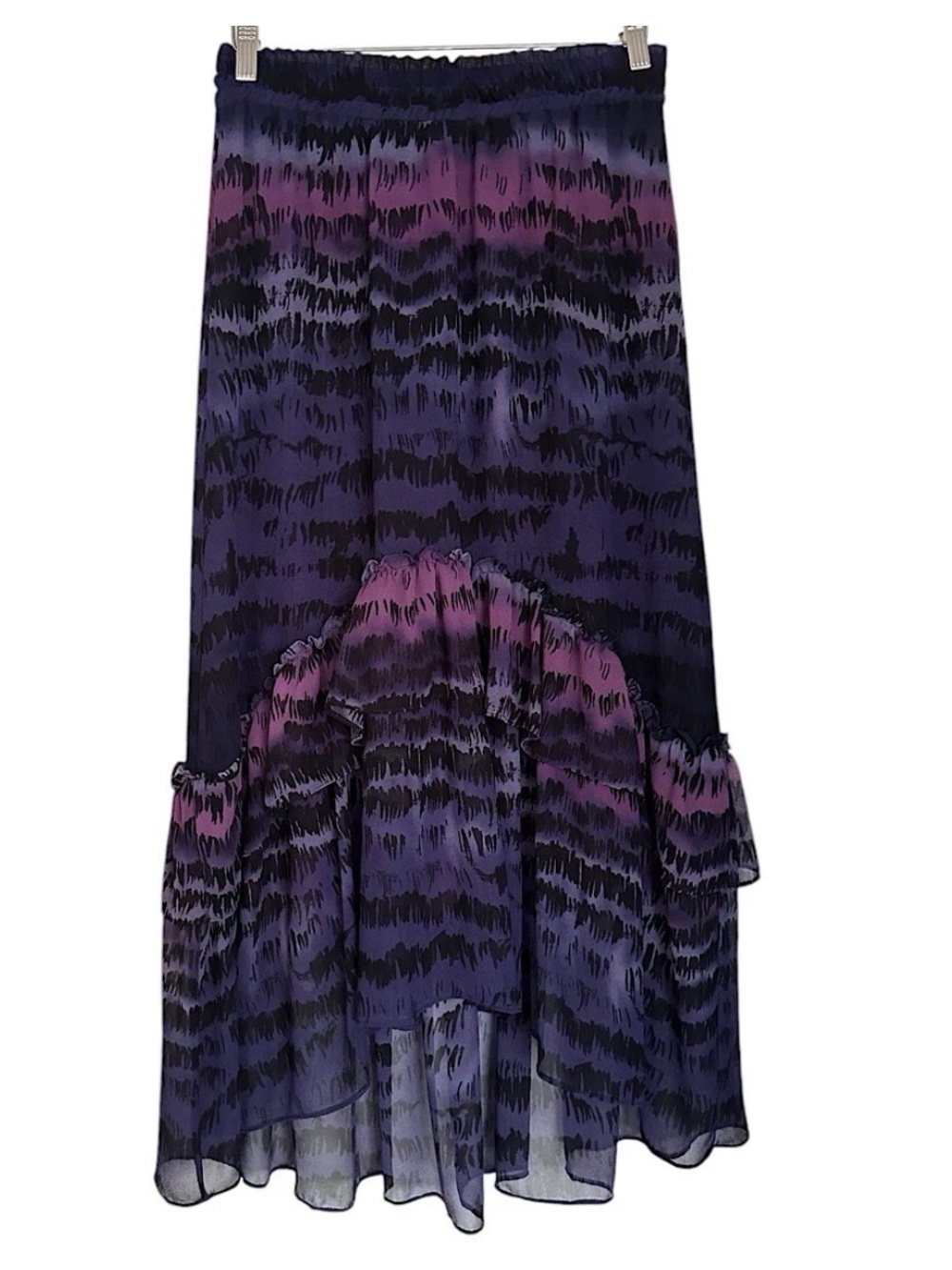 MISA Los Angeles Women’s Maxi Skirt Purple Medium High-Low Hem Sheer Ruffle